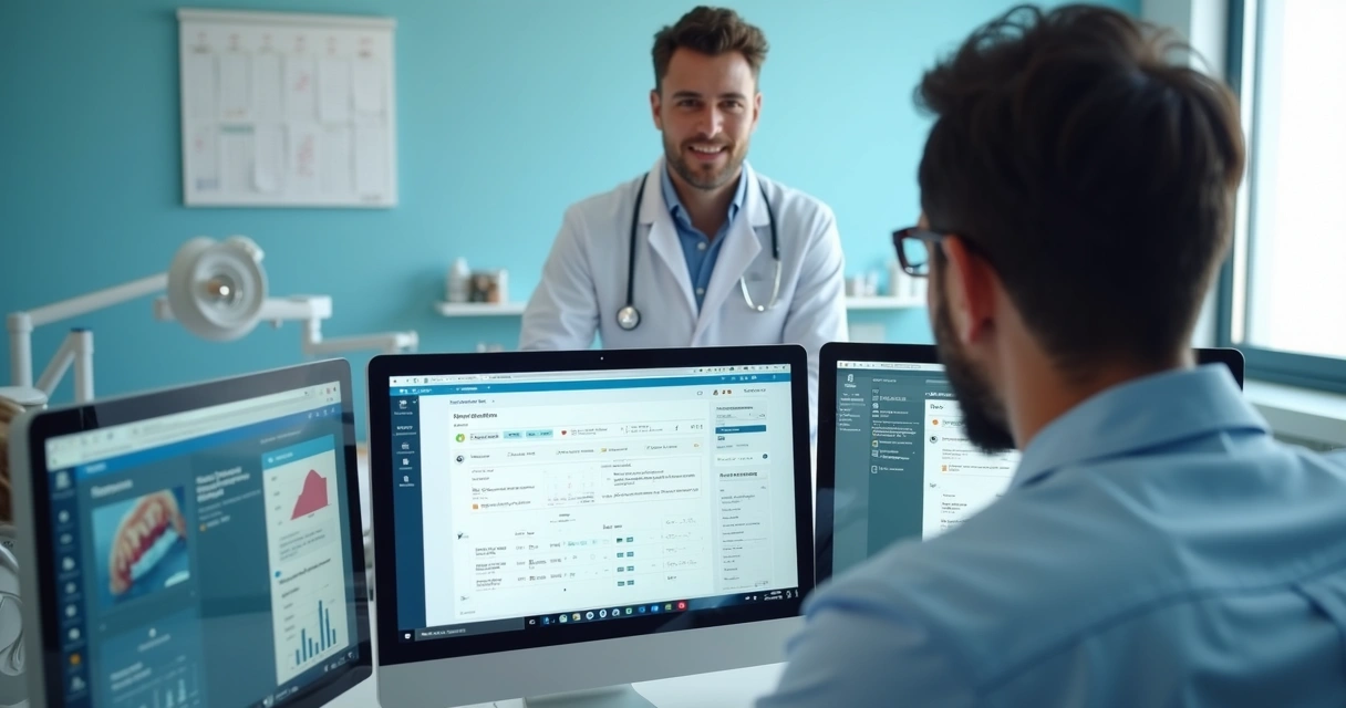 Equipe de clínica usando CRM e WhatsApp em atendimento odontológico 
