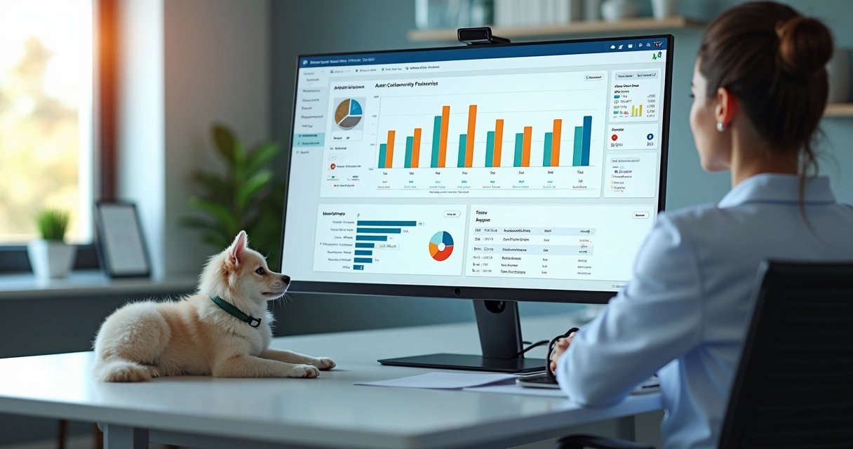 Dashboard moderno de CRM digital exibindo dados de agendamentos e pacientes de clínica veterinária 
