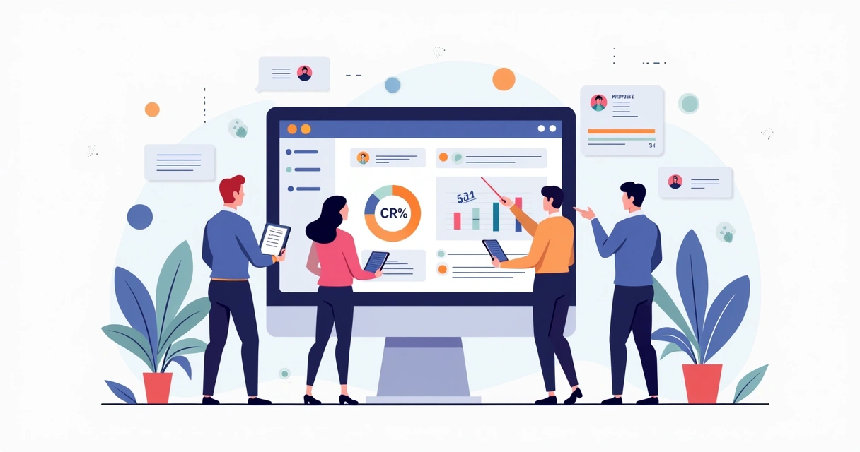 Equipe comercial em volta de tela de CRM, funil de vendas e automação de tarefas 