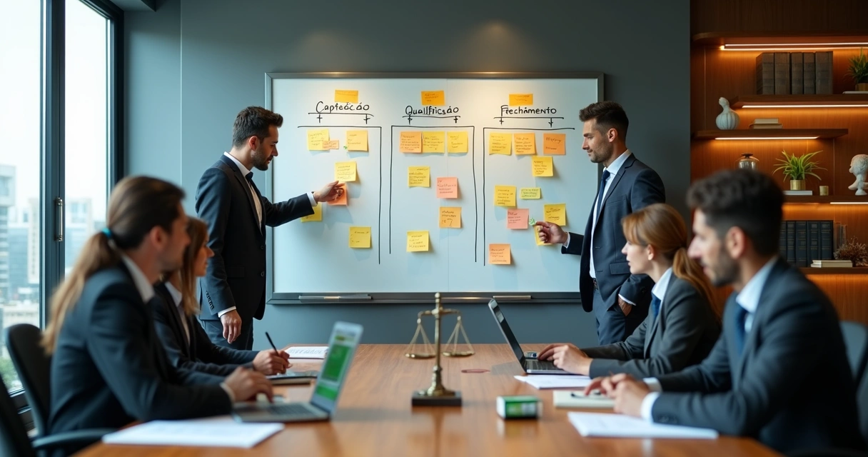 Quadro de funil comercial com advogados organizando leads em escritório de advocacia 