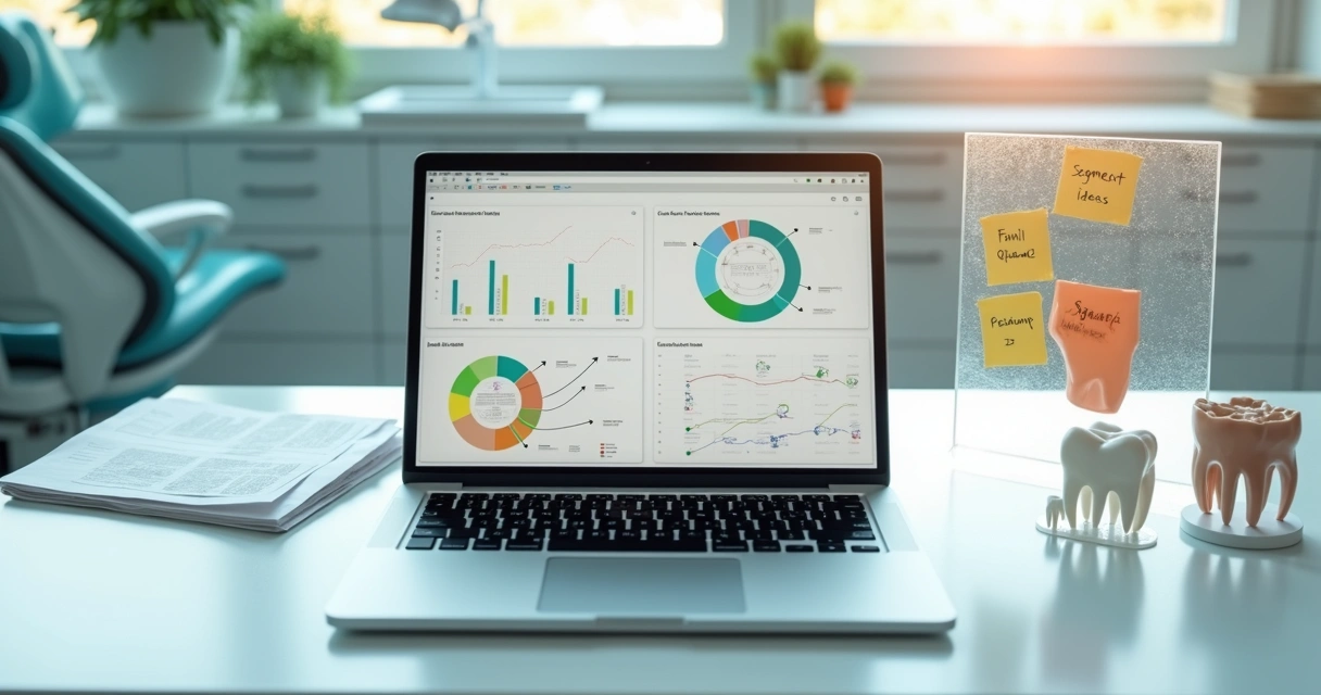 Dashboard colorido mostrando segmentação comportamental de pacientes de clínica odontológica 