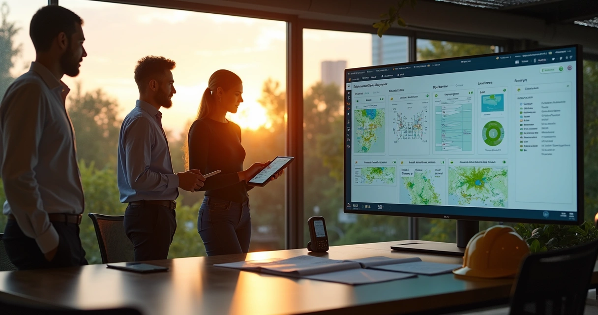 Equipe de consultoria ambiental analisando painel de CRM com projetos em área verde 