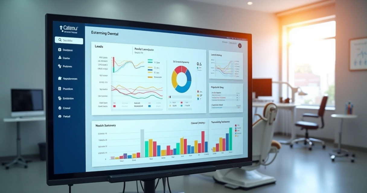 Painel de CRM odontológico mostrando funil de pacientes em uma tela digital