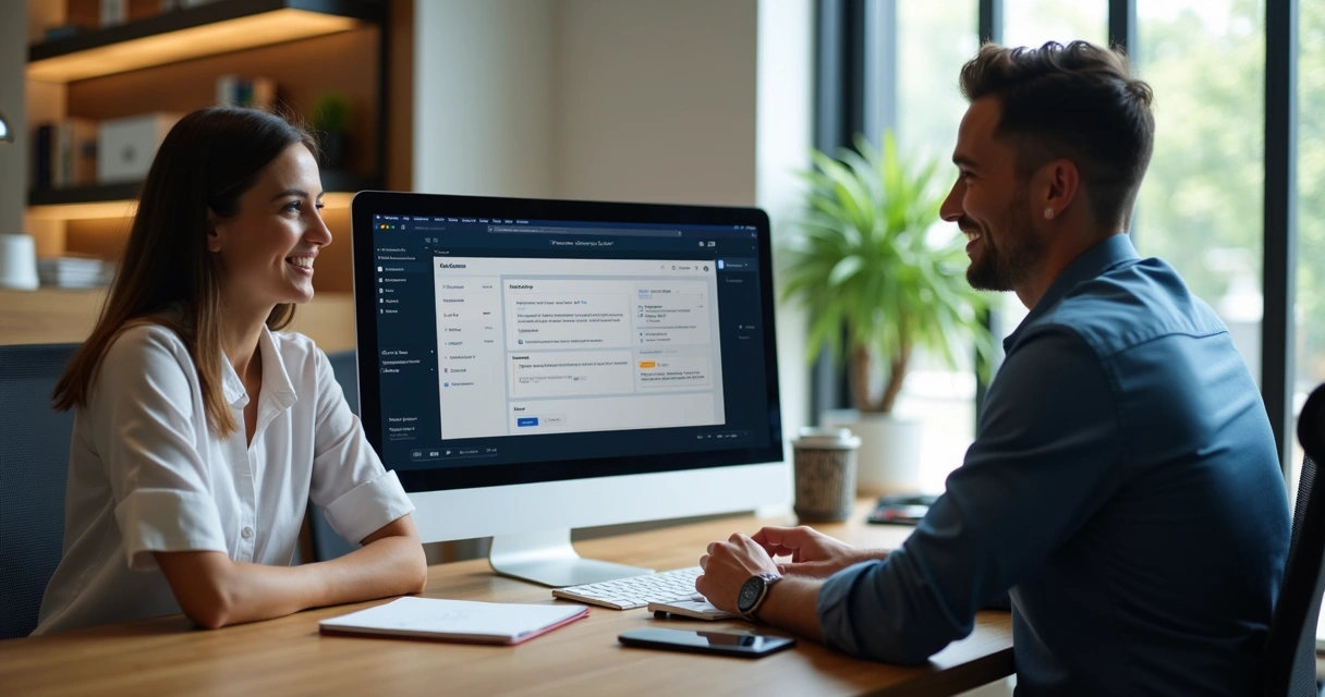 Tela de CRM com dados de clientes de contabilidade em computador, equipe atendendo cliente ao fundo 