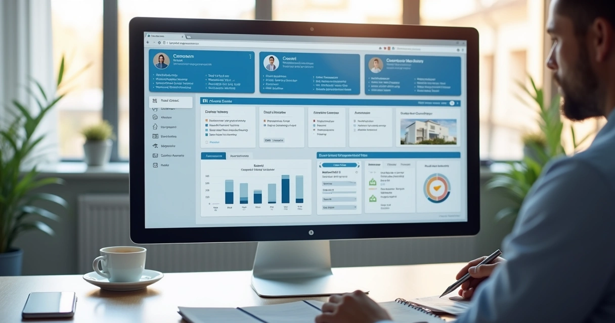 Tela de CRM imobiliário com contratos e atendimento organizado 