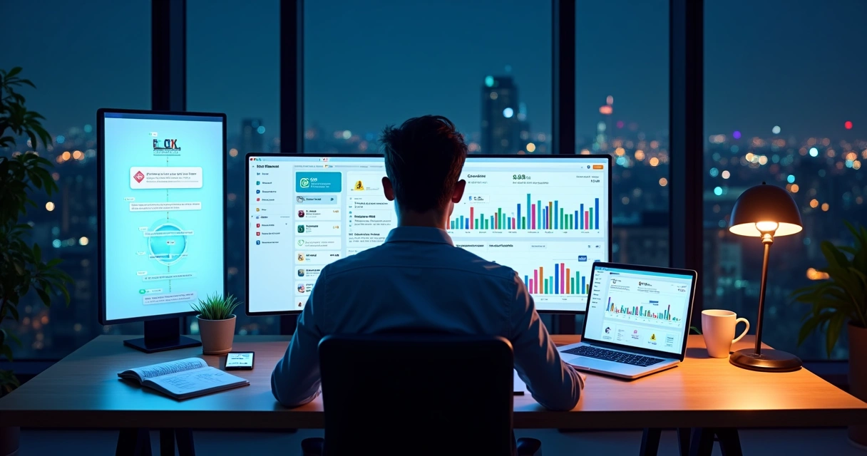 Corretor autônomo analisando dashboards de CRM imobiliário em várias telas digitais 