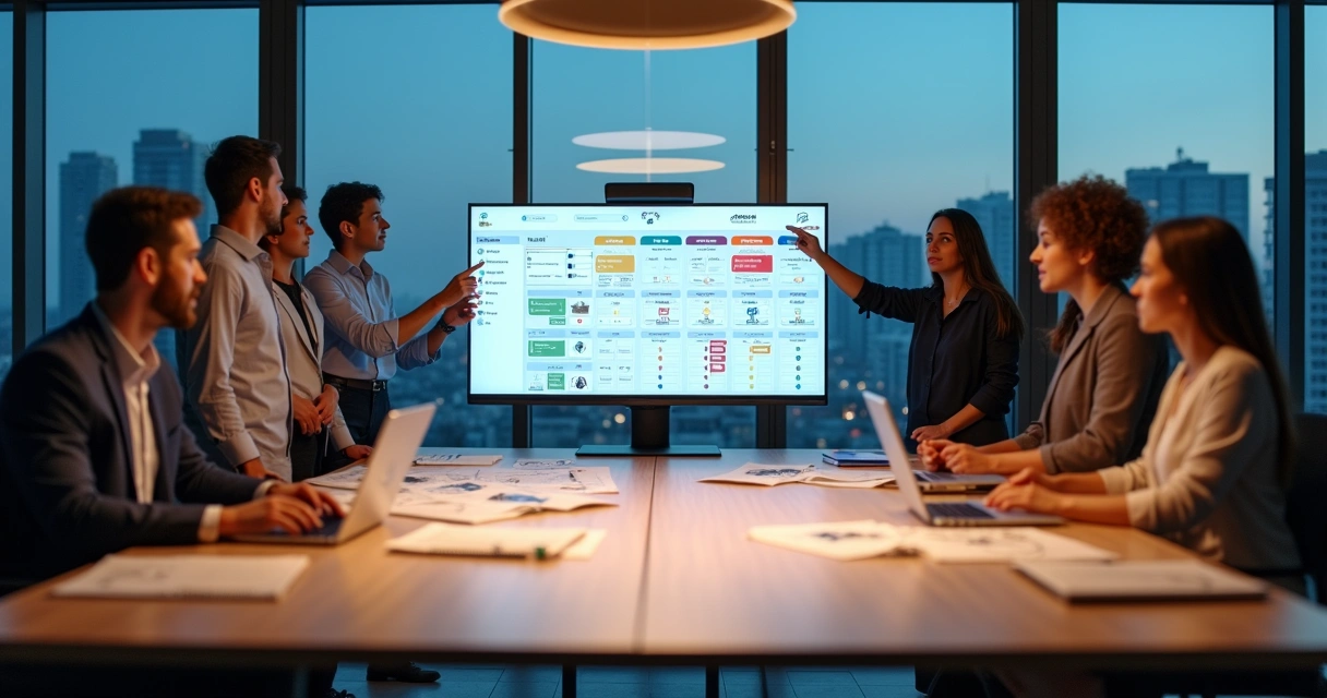 Time imobiliário planejando vendas com painel de CRM em destaque 
