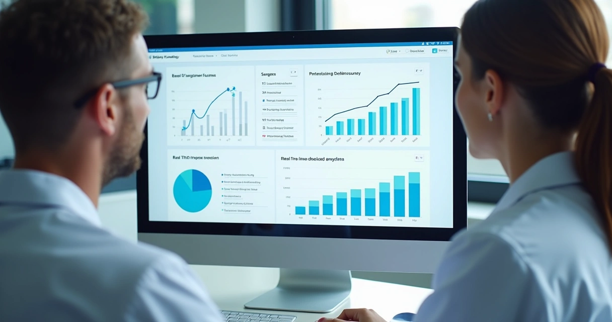 Tela de computador com dashboard de CRM mostrando funil, pacientes, perguntas SPIN anotadas e gráficos de conversão