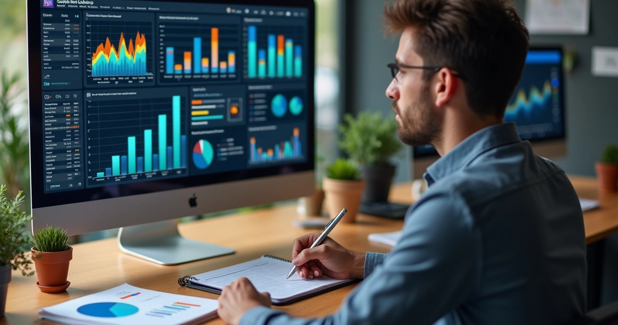 Tela de laptop mostrando gráficos de desempenho e dados de CRM