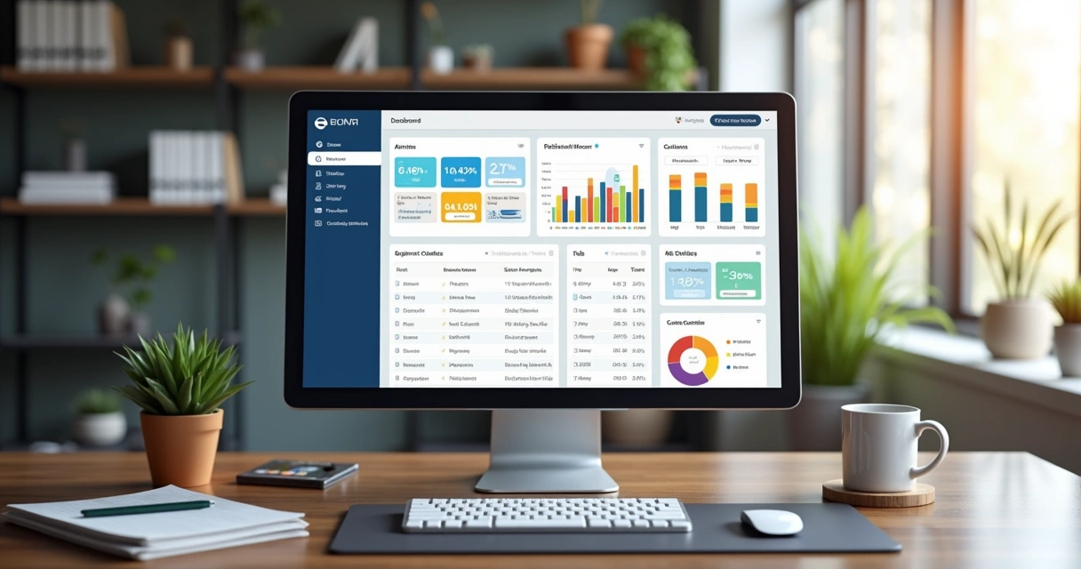 Tela detalhada de dashboard de CRM para vendas B2B mostrando gráficos e contatos organizados 