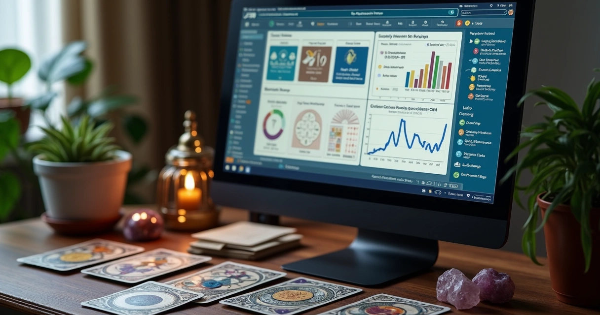 Tarot cards with a CRM dashboard on a computer screen 