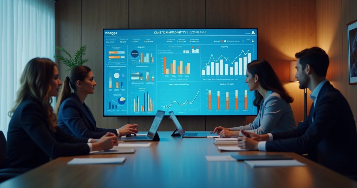 Decisão de negócios com tela de CRM aberto em reunião empresarial 