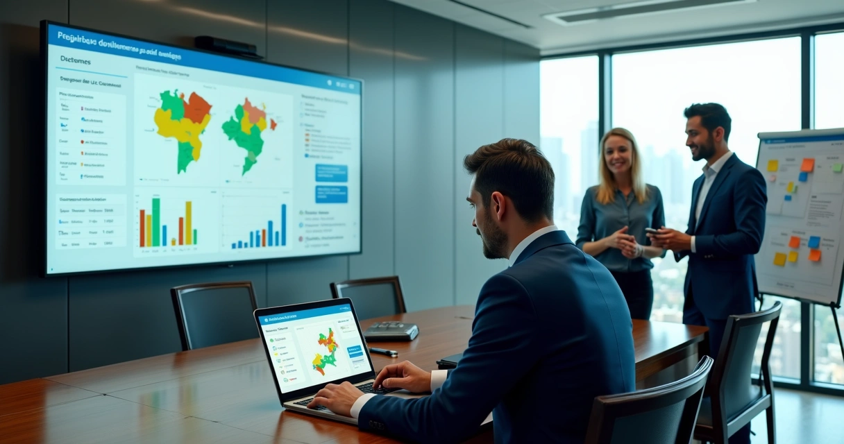 Deputado federal usando laptop com painel de CRM e equipe analisando base de eleitores 