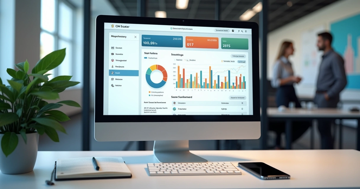 Tela de CRM mostrando detalhes do lead e etapas do funil. 