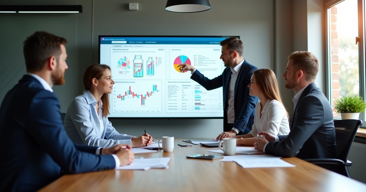 Equipe de vendas analisando tela de CRM ao redor de uma mesa, discutindo dados do cliente.