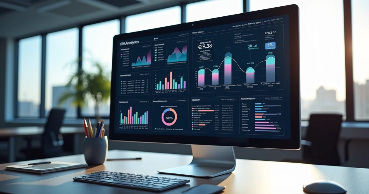 Painel digital mostrando estatísticas de CRM integradas com marketing 