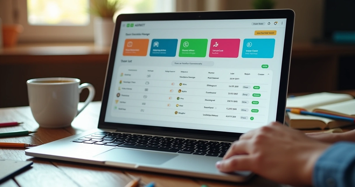 Tela de CRM educacional em um notebook aberto. 