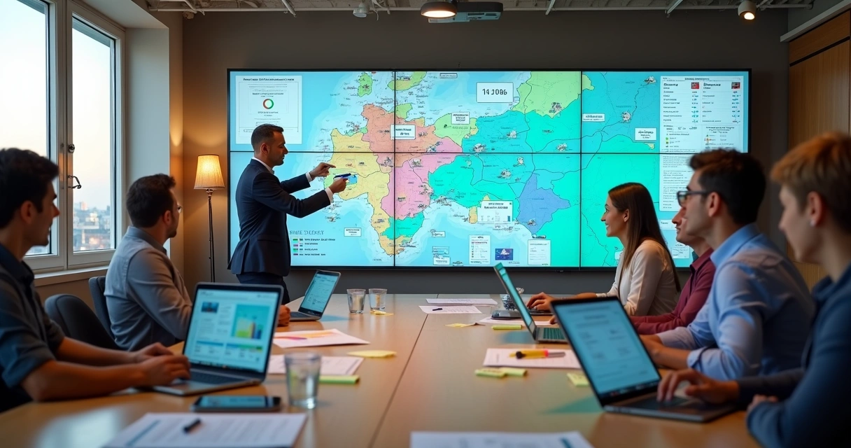 Equipe de campanha política analisando painel de dados em tela gigante 