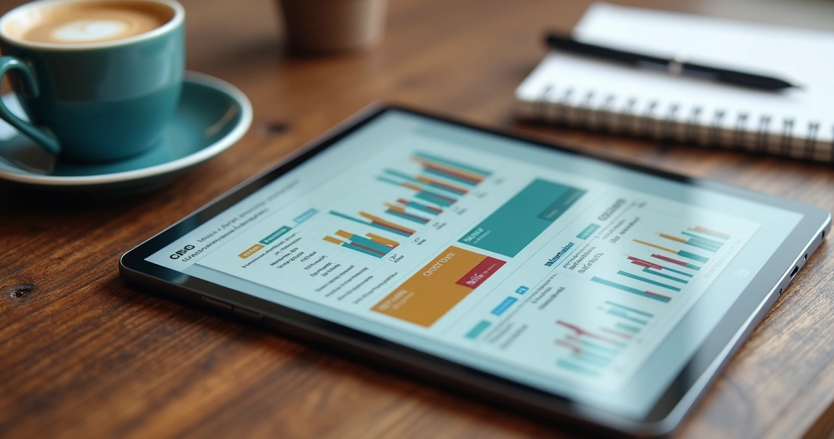 Smartphone e tablet exibindo interface de CRM com gráficos em uma mesa de trabalho 