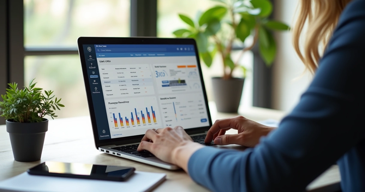 Pequeno empresário sentado em frente a notebook analisando sistema CRM com tela mostrando lista de clientes e histórico de compras 