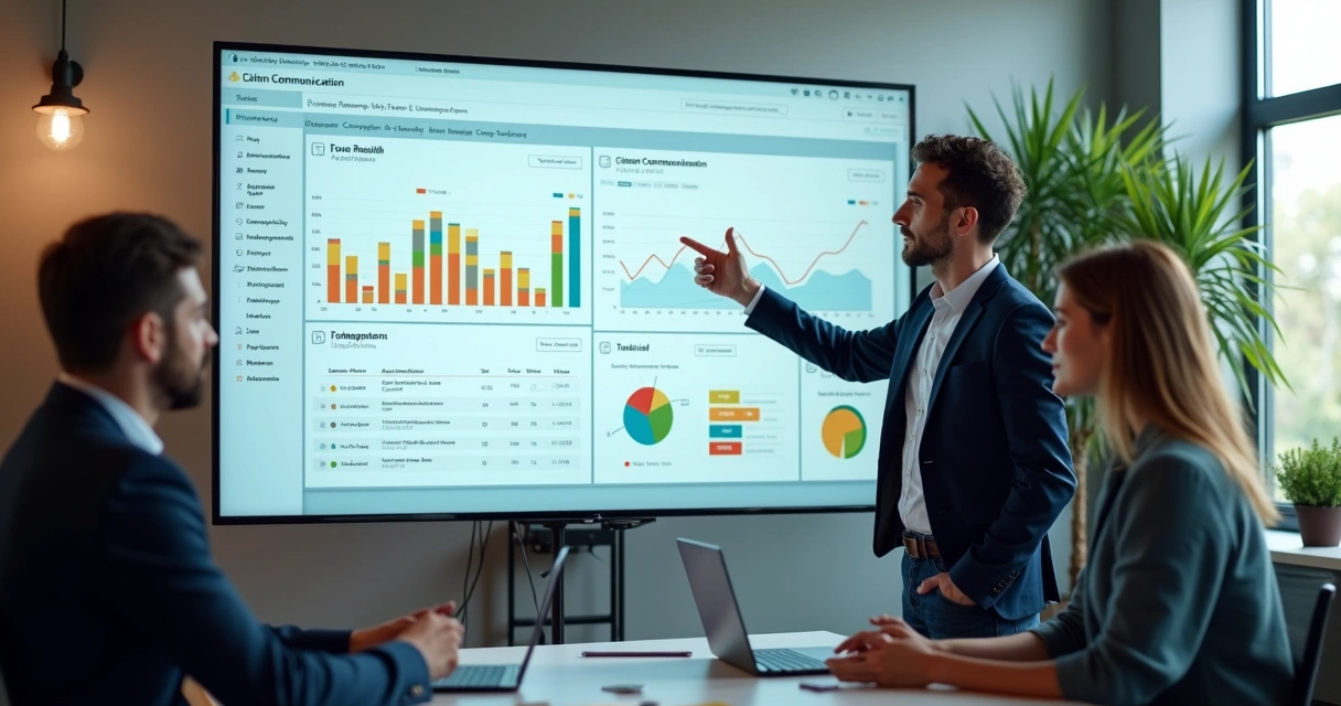 Equipe usando CRM com tela cheia de dados de vendas 