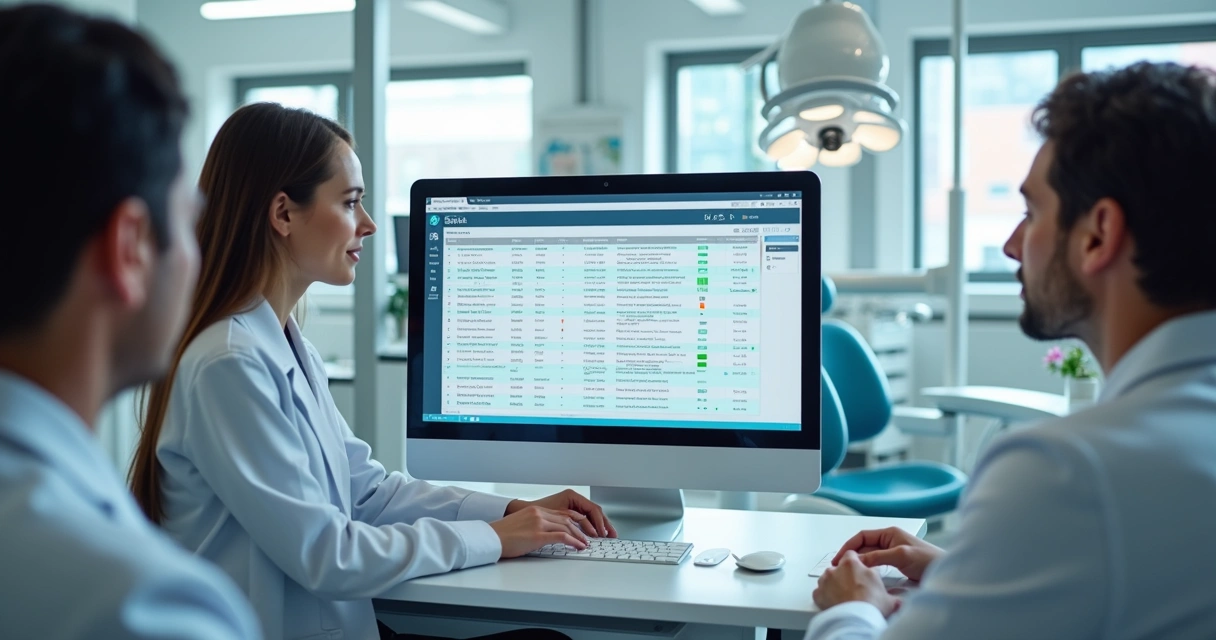 Equipe de clínica odontológica analisando CRM odontológico 