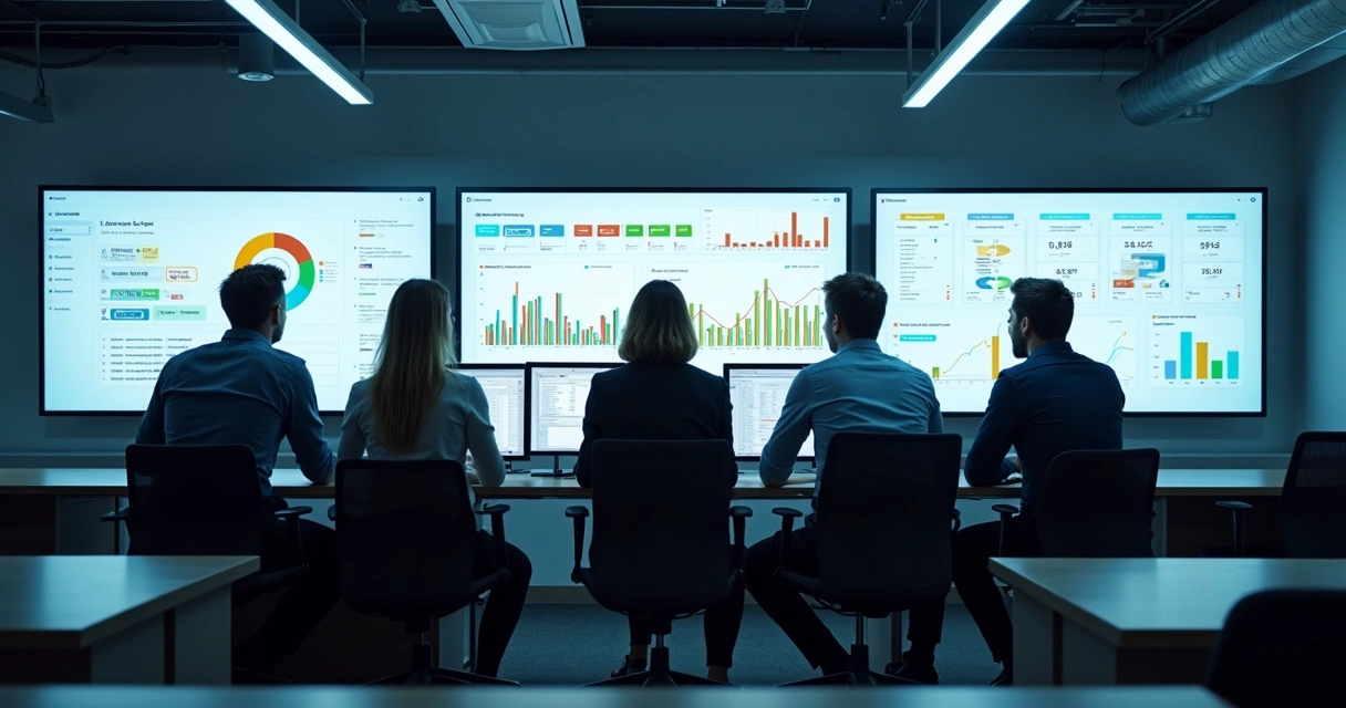 Equipe de vendas analisando dados em painel de CRM 