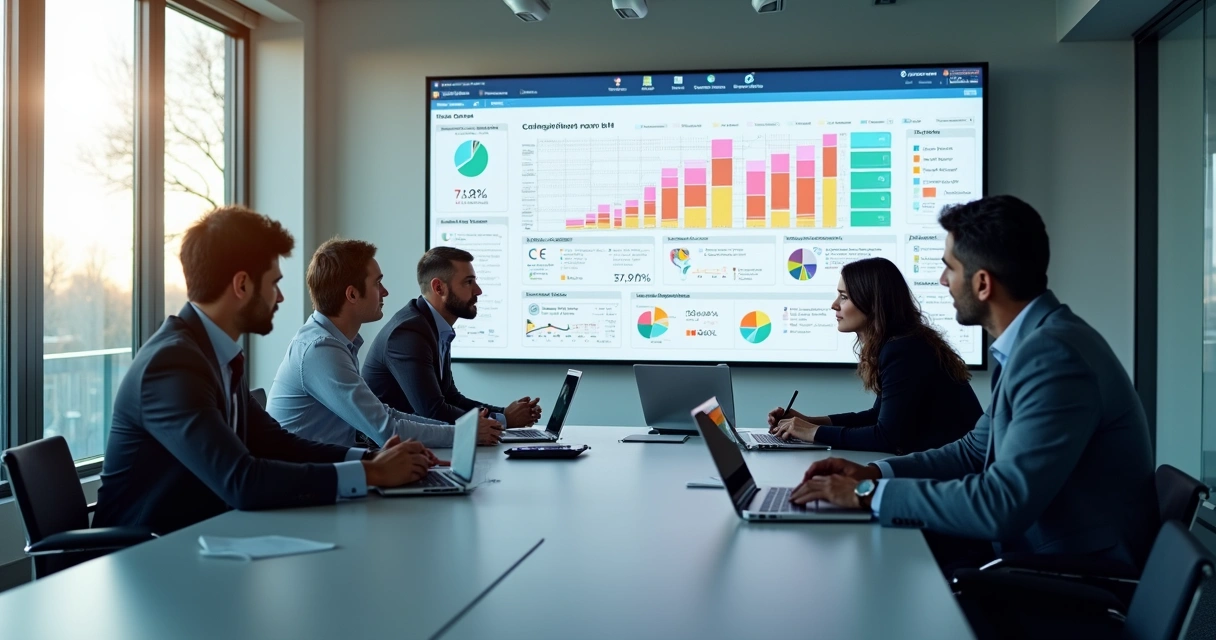 Dashboard de CRM com equipe de vendas reunida