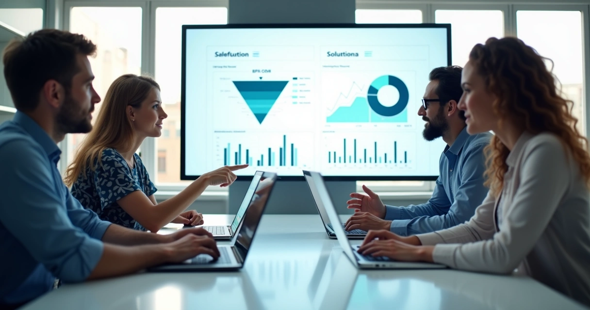 Equipe analisando telas de CRM e ERP em mesa de reunião moderna 