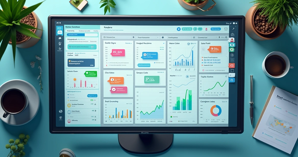 Panel visual CRM columnas Kanban, WhatsApp, etiquetas coloridas, tareas en progreso