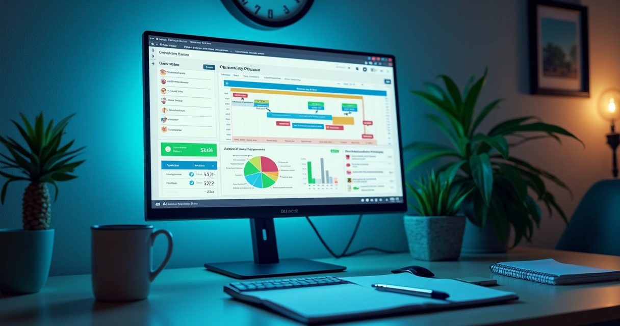 Tela de CRM aberta com funil de vendas colorido e cards de oportunidades 