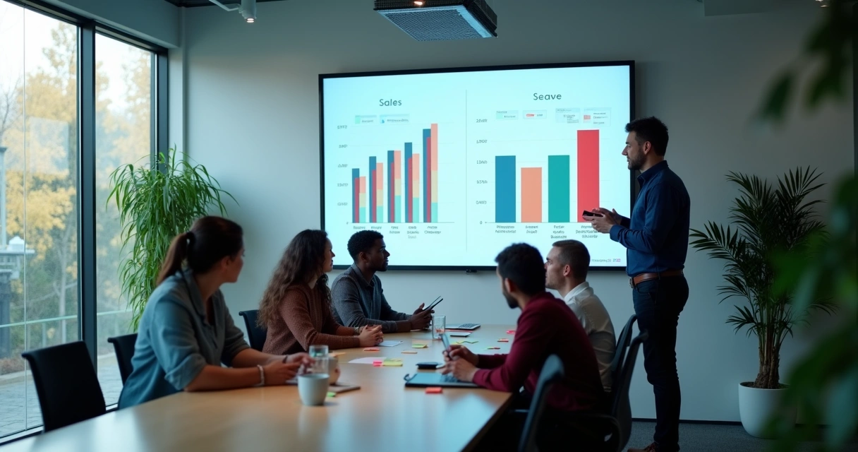 Equipe discute resultados em dashboard de vendas e financeiro 