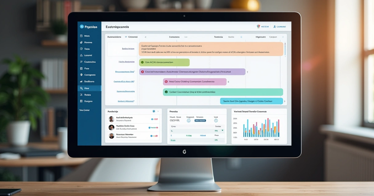 Painel de CRM mostrando funil de vendas, automações e dados de leads