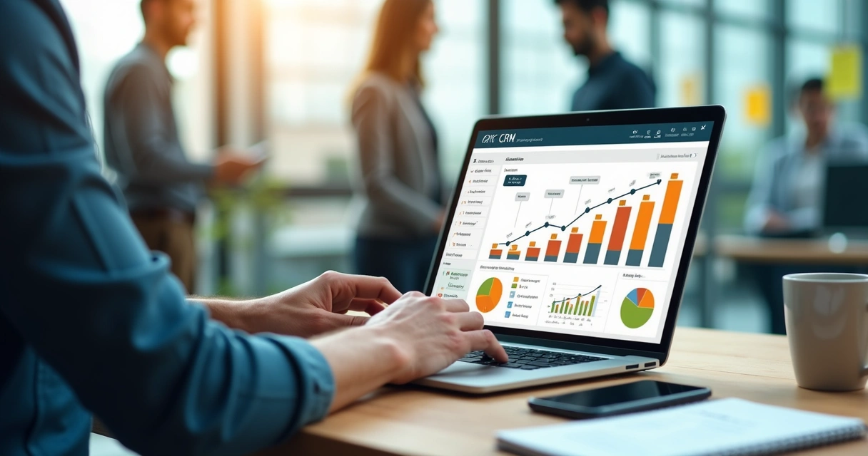 Profissional analisando fluxo de CRM com funil de vendas em painel na tela do notebook 