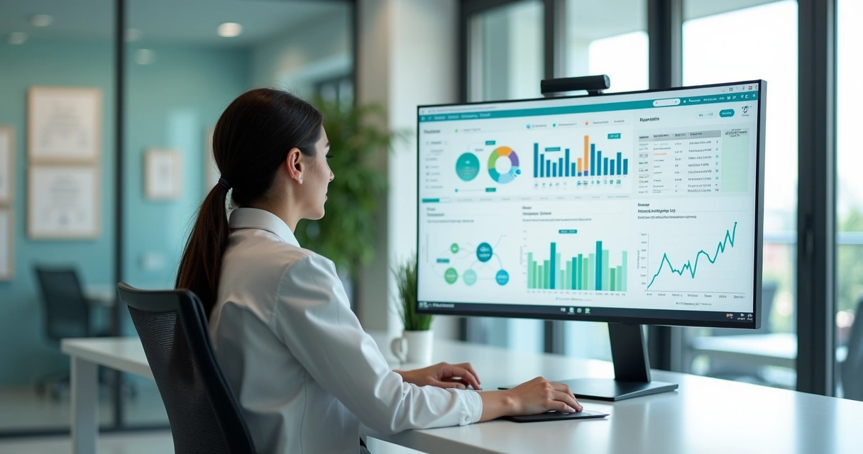 Profissional de saúde analisa painel de CRM com informações de follow-up de pacientes 