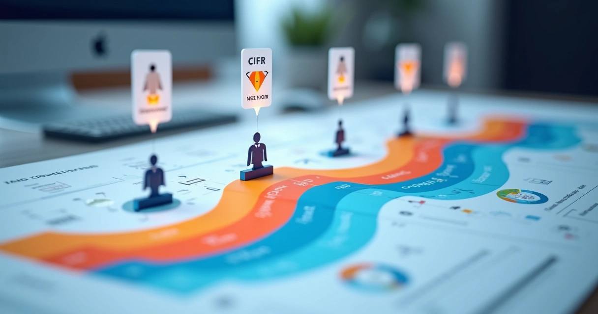 Dashboard de CRM mostrando jornadas de clientes em diferentes fases, cada uma marcada com oportunidades de upsell 