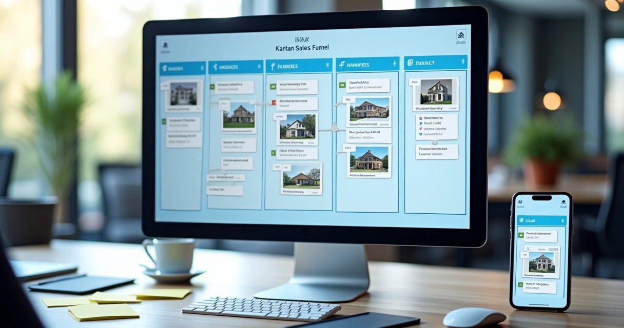 Painel Kanban de vendas em CRM de imóveis