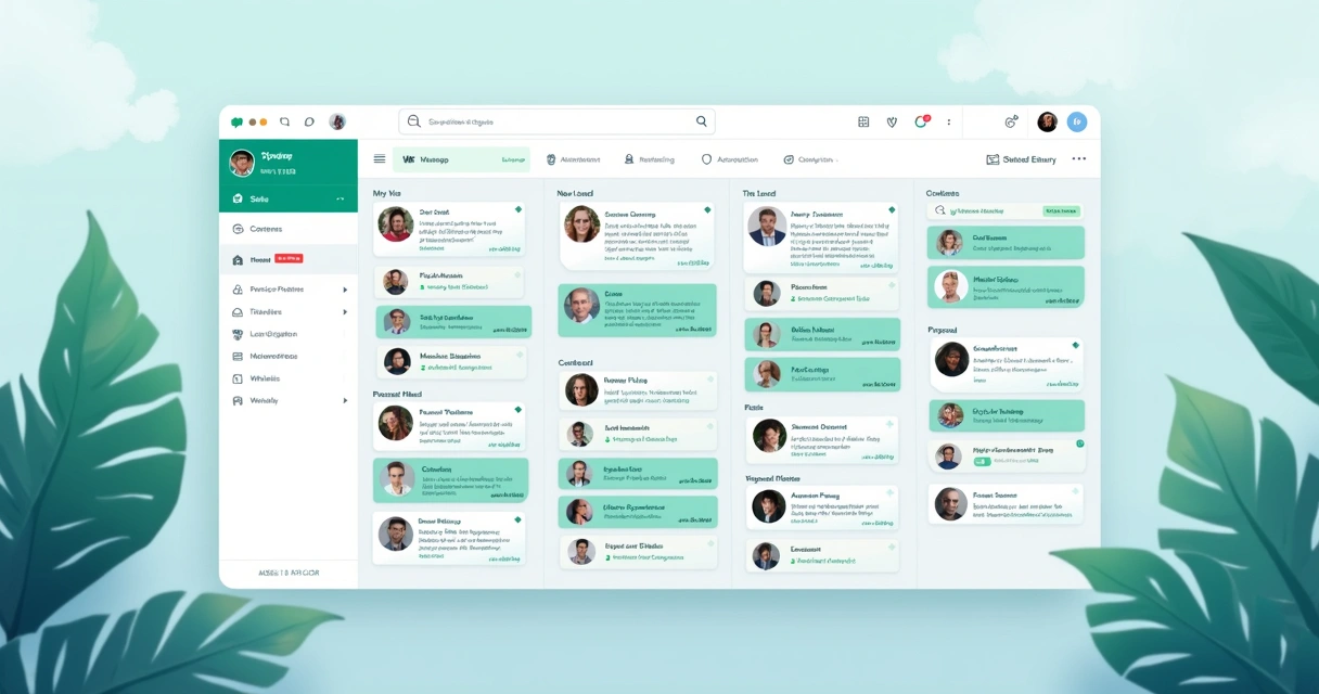 Visão de funil Kanban do CRM no WhatsApp, com etapas organizadas em colunas e contatos distribuídos, mostrando mensagens em cada fase