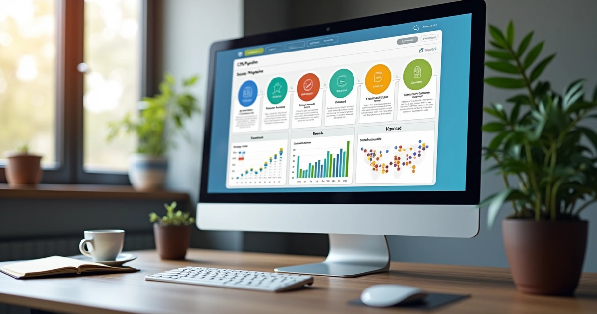 Tela de dashboard de CRM com etapas de vendas e gráficos.