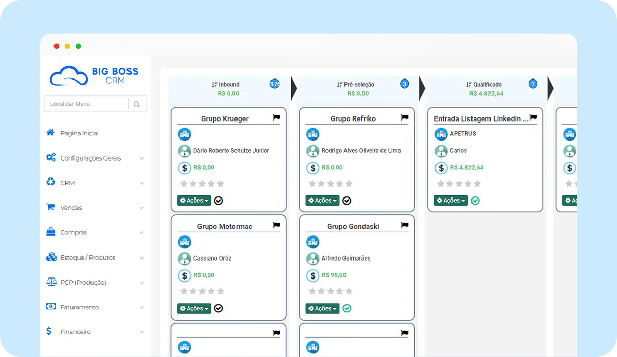 Tela de CRM da Big Boss com funis de vendas mostrando grupos e valores associados