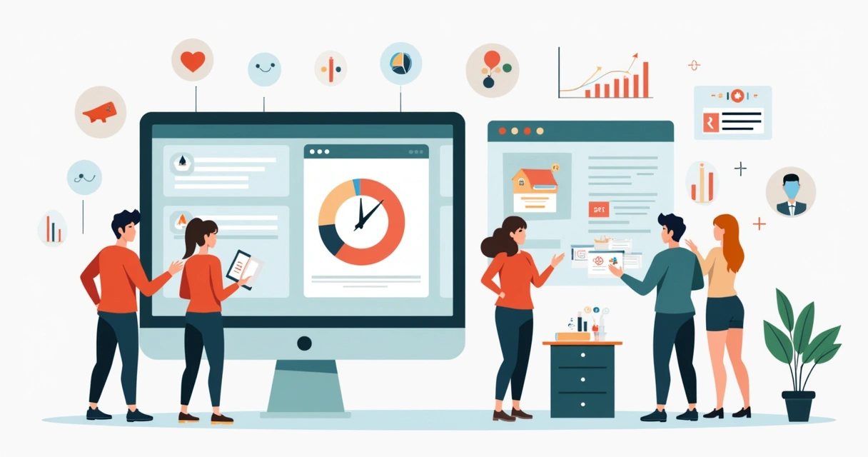 Ilustração corporativa dividida com tela de CRM genérico à esquerda e CRM especializado à direita, mostrando integração e personalização 
