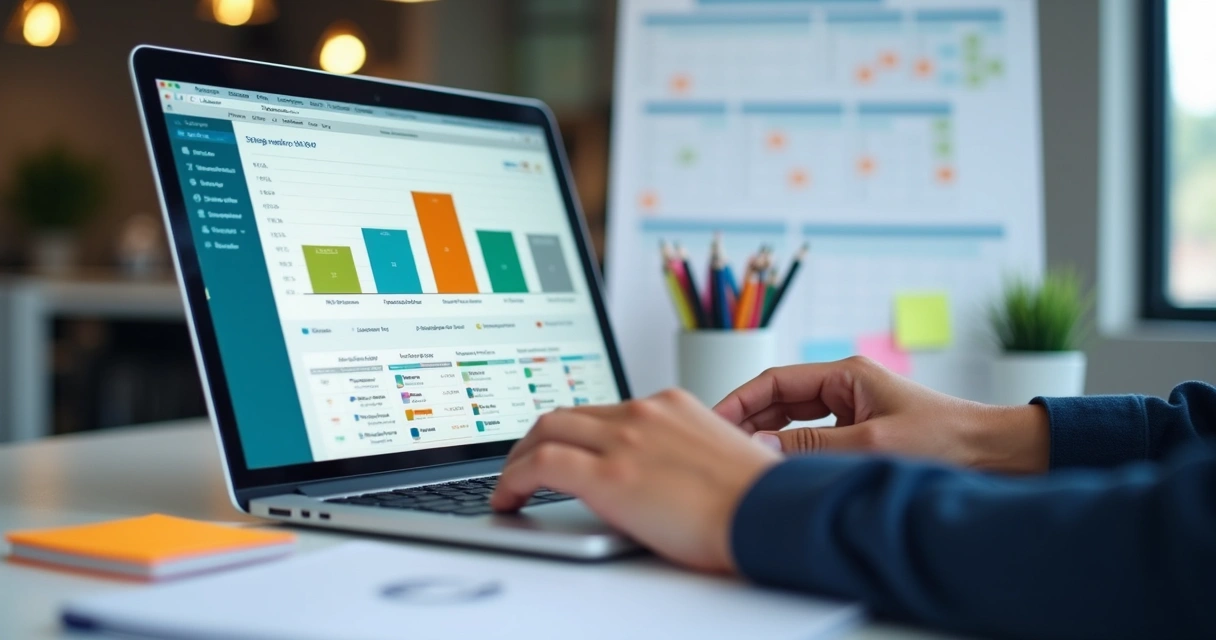 Painel de CRM na tela de um notebook com gráficos de vendas e funil aberto 