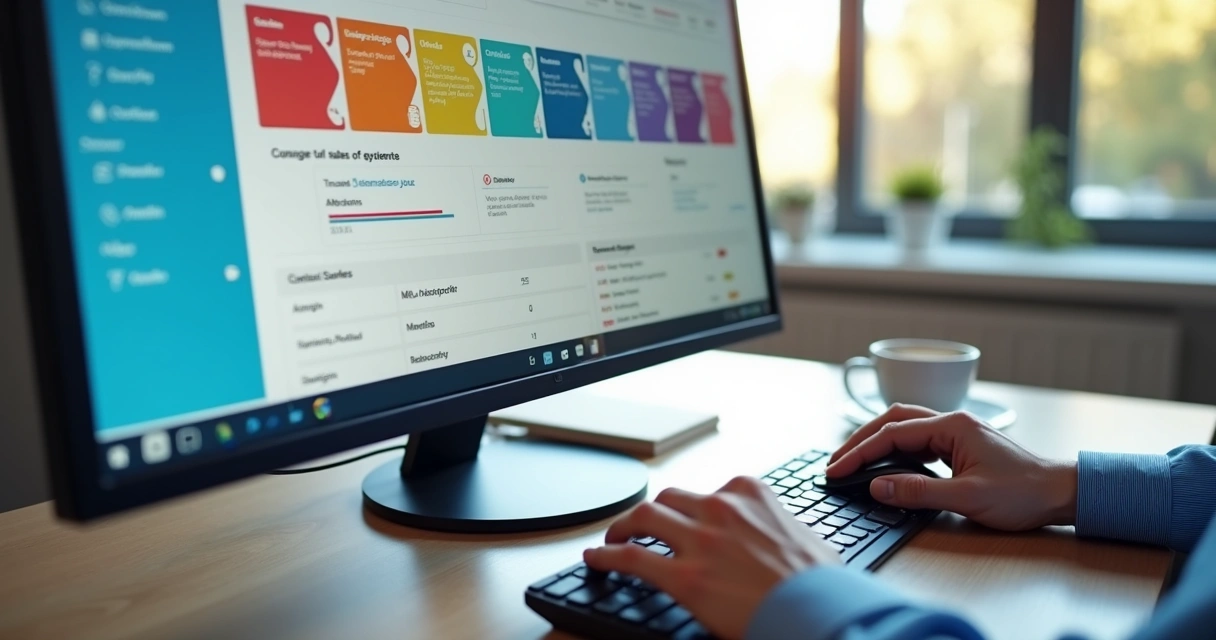 Tela de computador exibindo CRM com etapas do funil de vendas visíveis