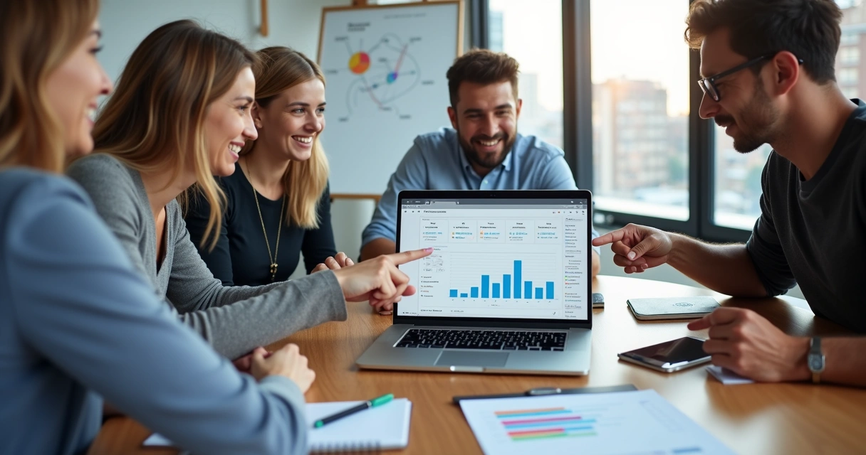 Equipe comercial analisando funil de vendas em painel de CRM na tela de um notebook 