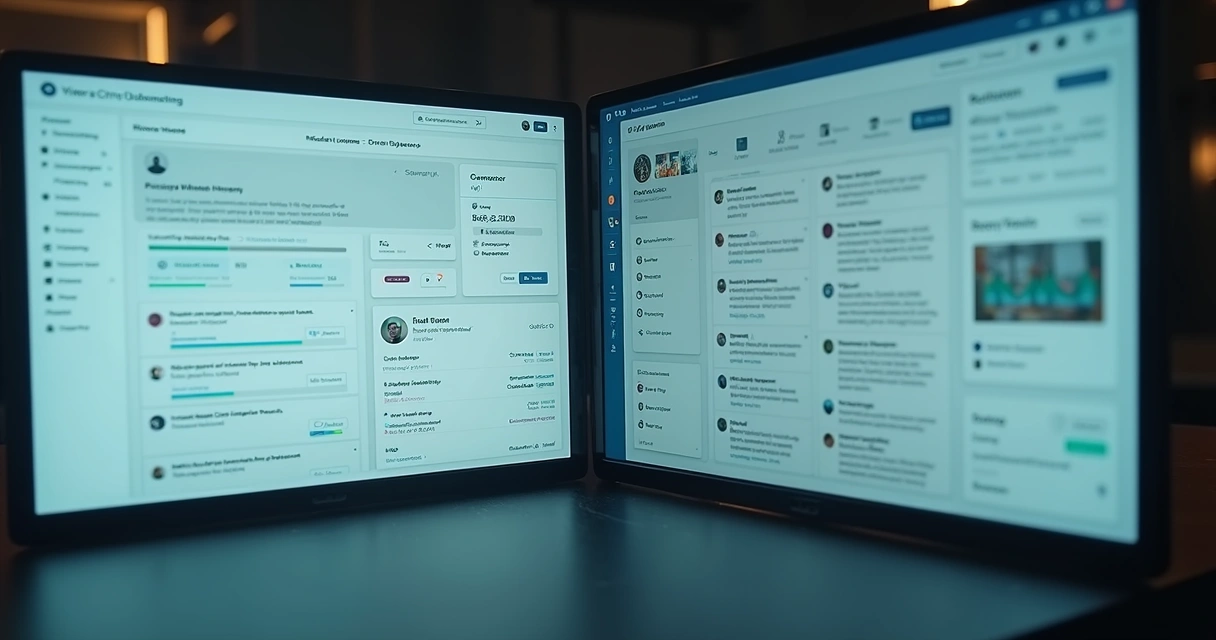 Tela dividida mostrando módulos de helpdesk, CRM e IA integrados 