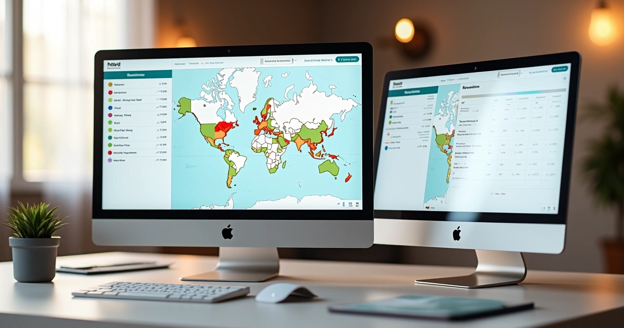 Tela de sistema com mapa de ocupação hoteleira visual e painéis digitais 