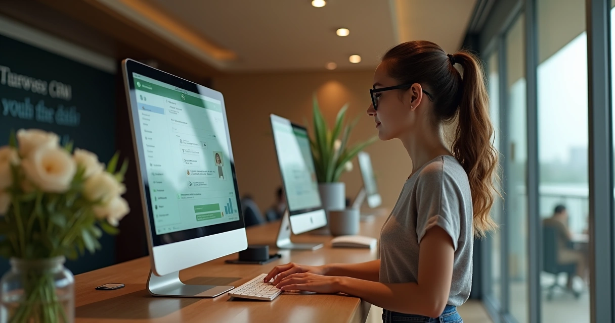 Atendente de hotel usando CRM em conversa de WhatsApp para responder cliente 