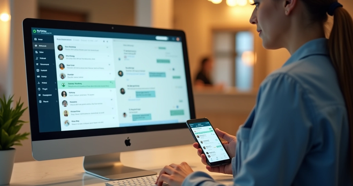 Atendente de hotel usando CRM para conversar via WhatsApp com hóspede 