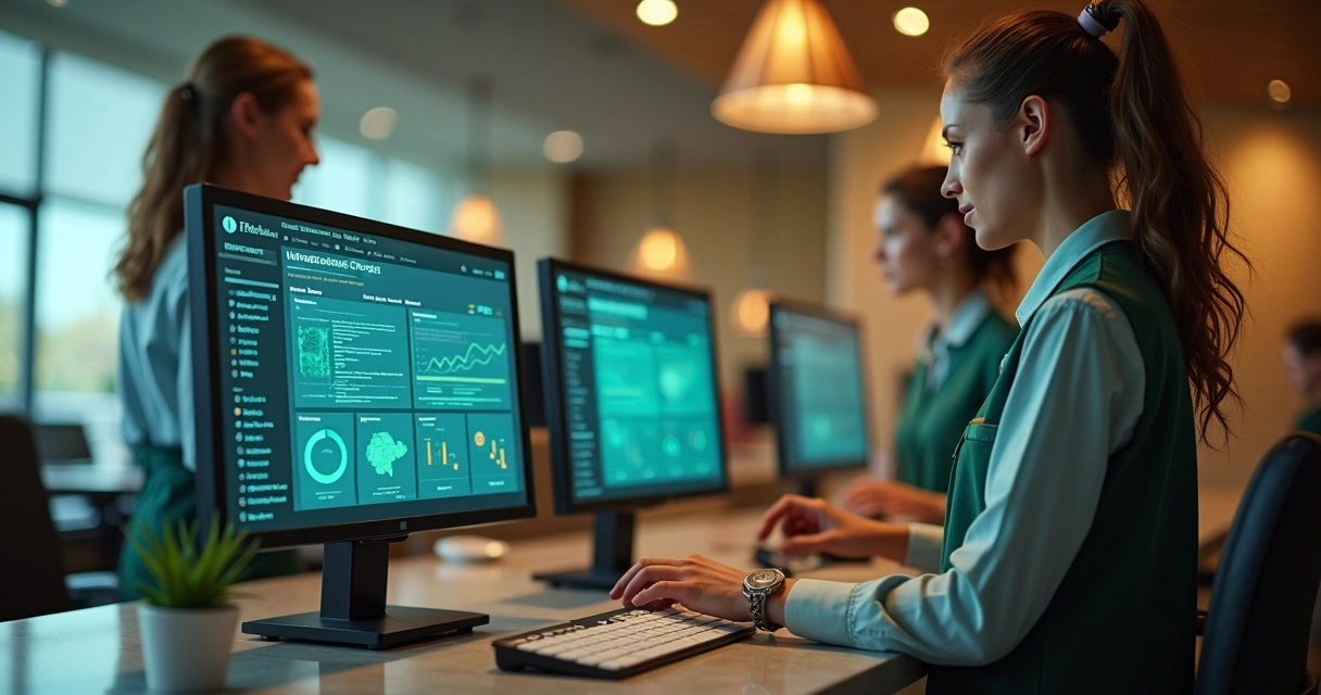 Equipe de hotel usando CRM em ambiente de recepção digitalizada 