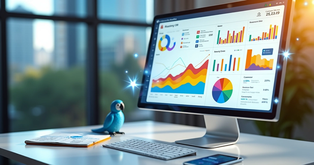 Dashboard de CRM com gráficos de vendas em crescimento e ícones de inteligência artificial conectados 
